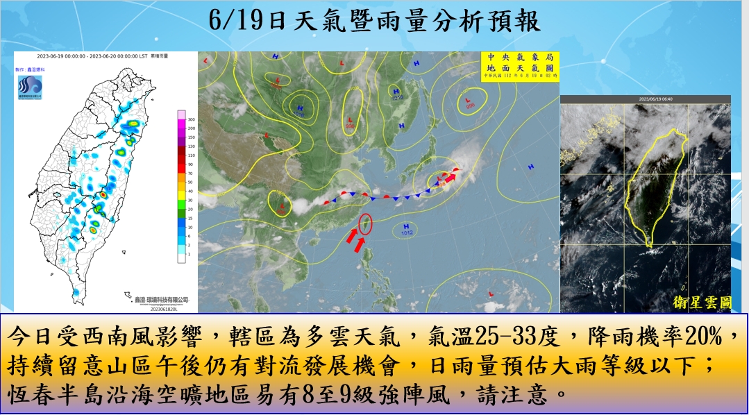 警示說明:今日受西南風影響，轄區為多雲天氣，氣溫25-33度，降雨機率20%，持續留意山區午後仍有對流發展機會