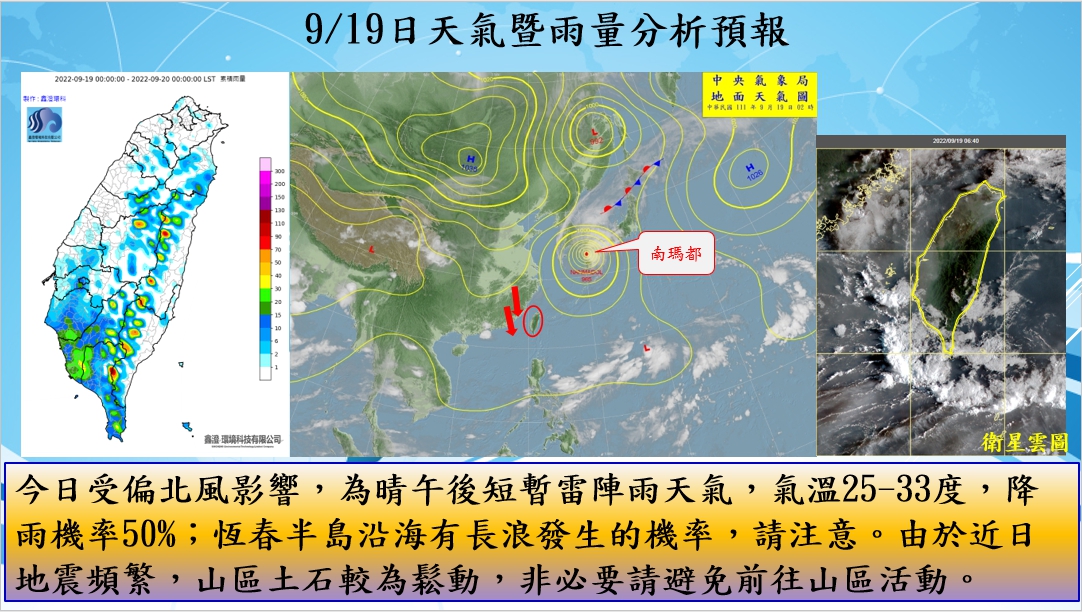 警示說明:今日受偏北風影響，為晴午後短暫雷陣雨天氣，氣溫25-33度，降雨機率50%
