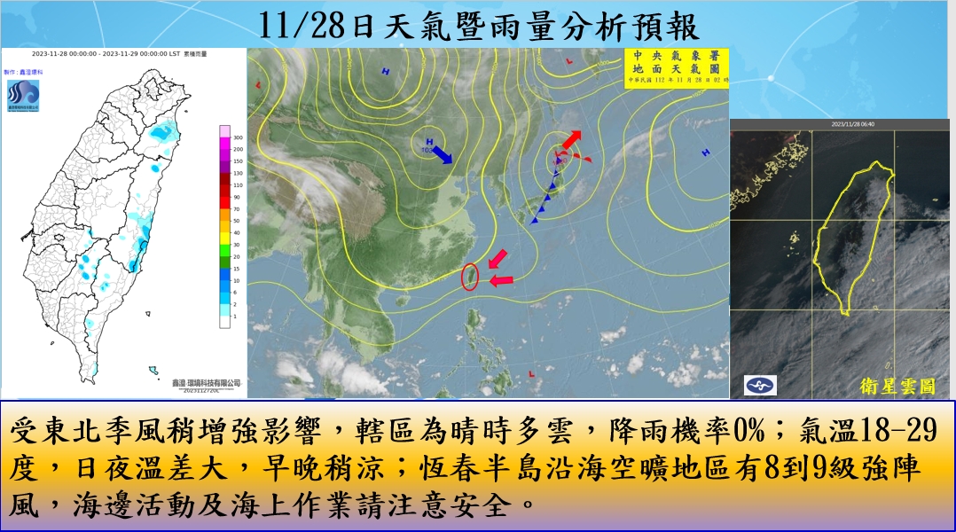 警示說明:受東北季風稍增強影響，轄區為晴時多雲，降雨機率0%；氣溫18-29度，日夜溫差大，早晚稍涼