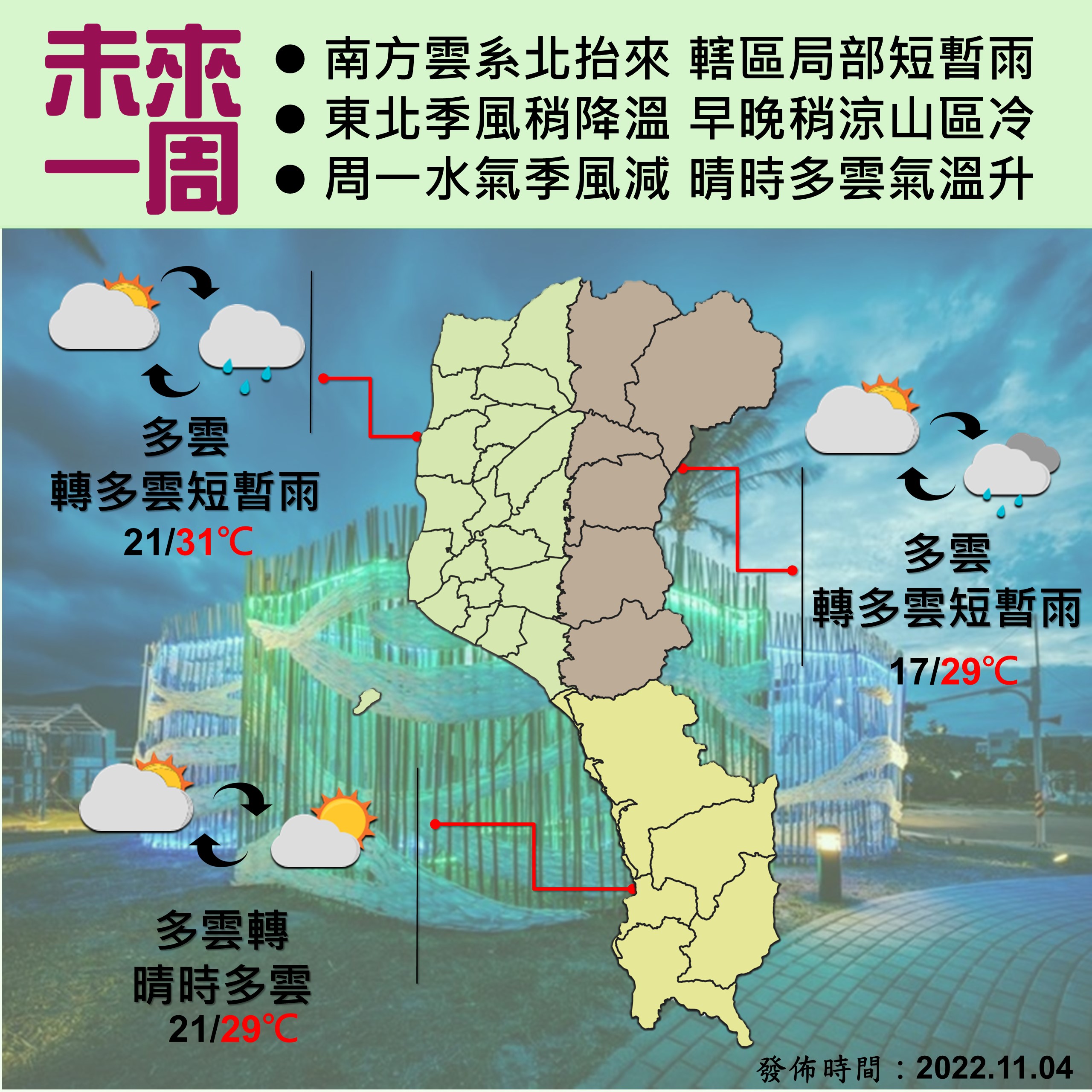 南方雲系北抬來 轄區局部短暫雨 東北季風稍降溫 早晚稍涼山區冷 周一水氣季風減 晴時多雲氣溫升