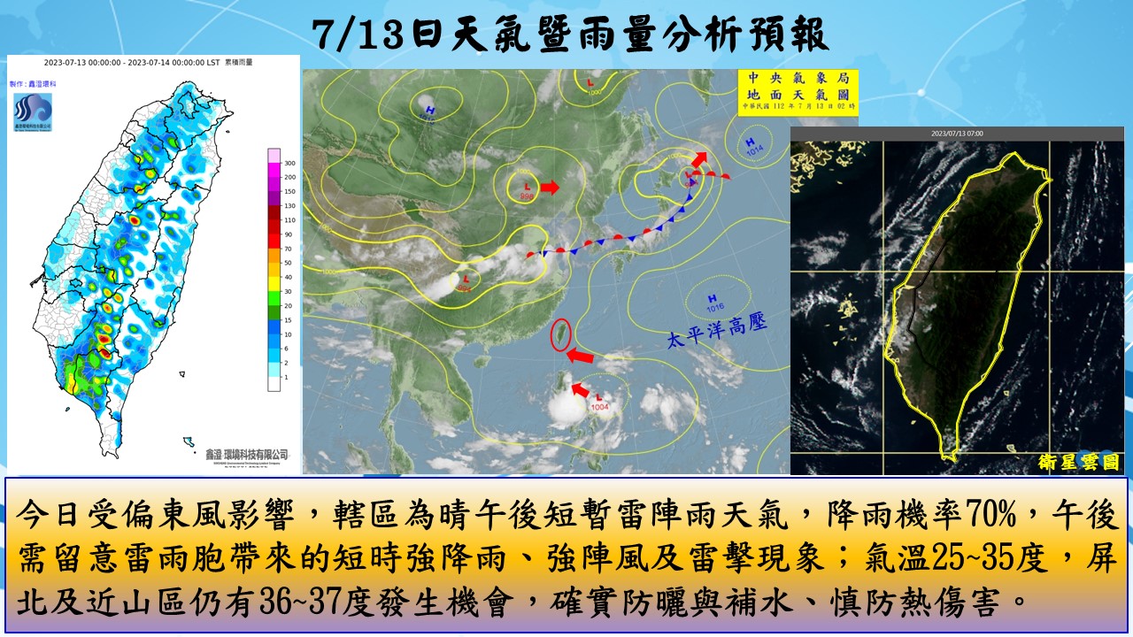 警示說明:今日受偏東風影響，轄區為晴午後短暫雷陣雨天氣，降雨機率70%，午後需留意雷雨胞帶來的短時強降雨、強陣