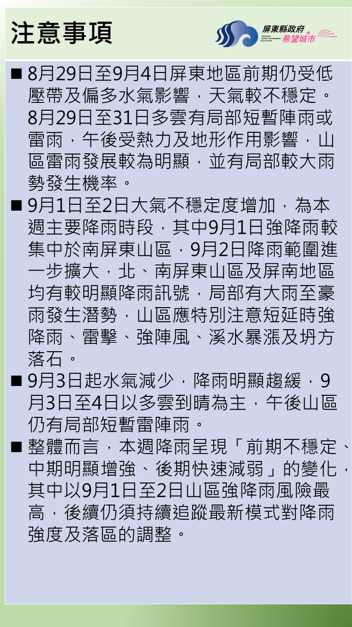8月29日至9月4日屏東地區前期仍受低壓帶及偏多水氣影響，天氣較不穩定。8月29日至31日多雲有局部