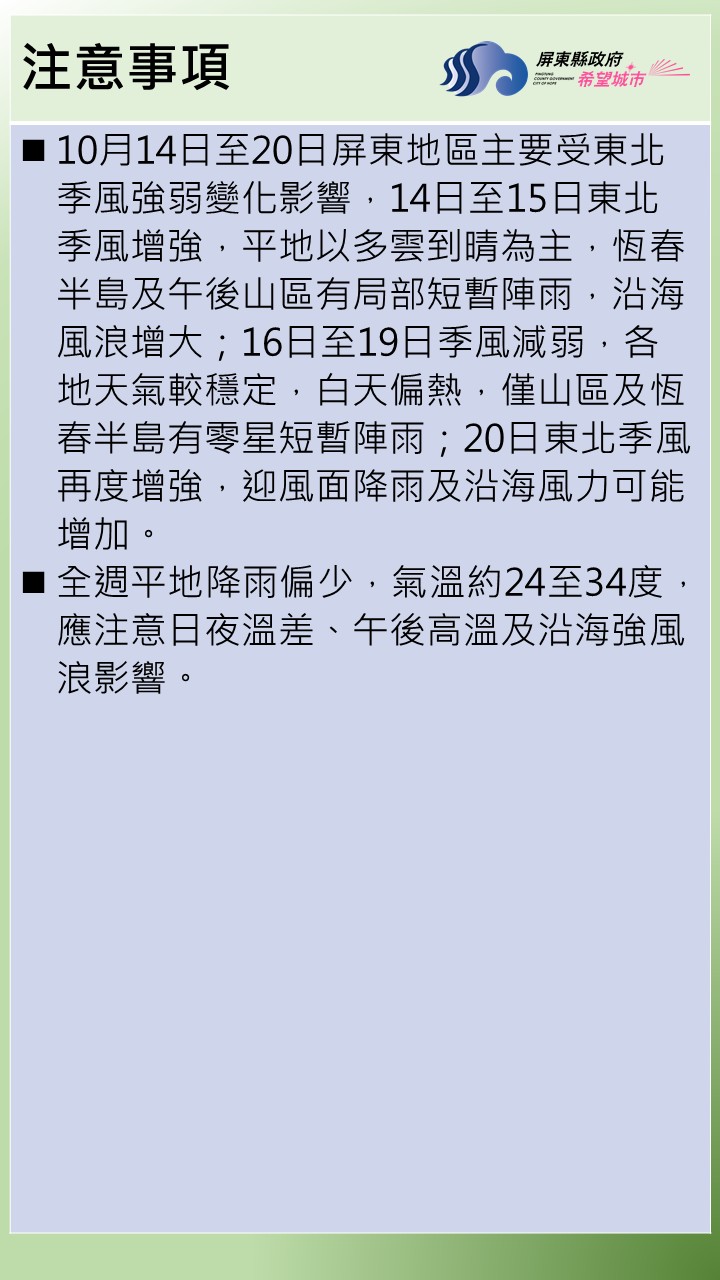10月14日至20日屏東地區主要受東北季風強弱變化影響，14日至15日東北季風增強，平地以多雲到晴為