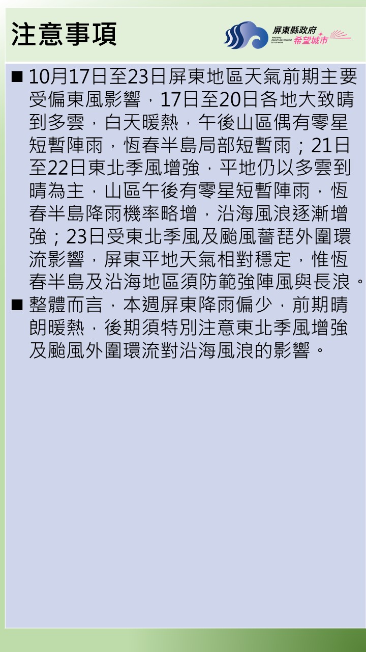 10月17日至23日屏東地區天氣前期主要受偏東風影響，17日至20日各地大致晴到多雲，白天暖熱，午後