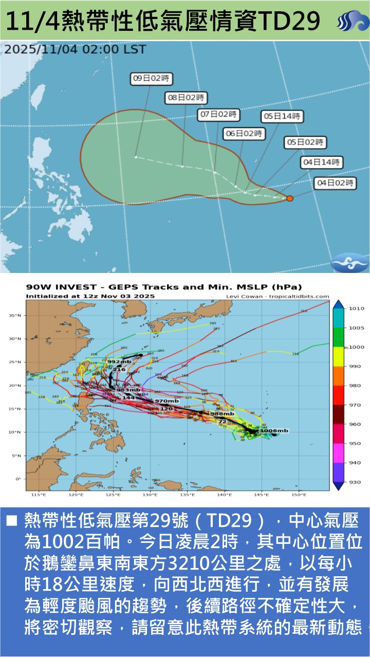 警示說明:熱帶性低氣壓第29號（TD29），中心氣壓為1002百帕。今日凌晨2時，其中心位置位於鵝鑾鼻東南東方