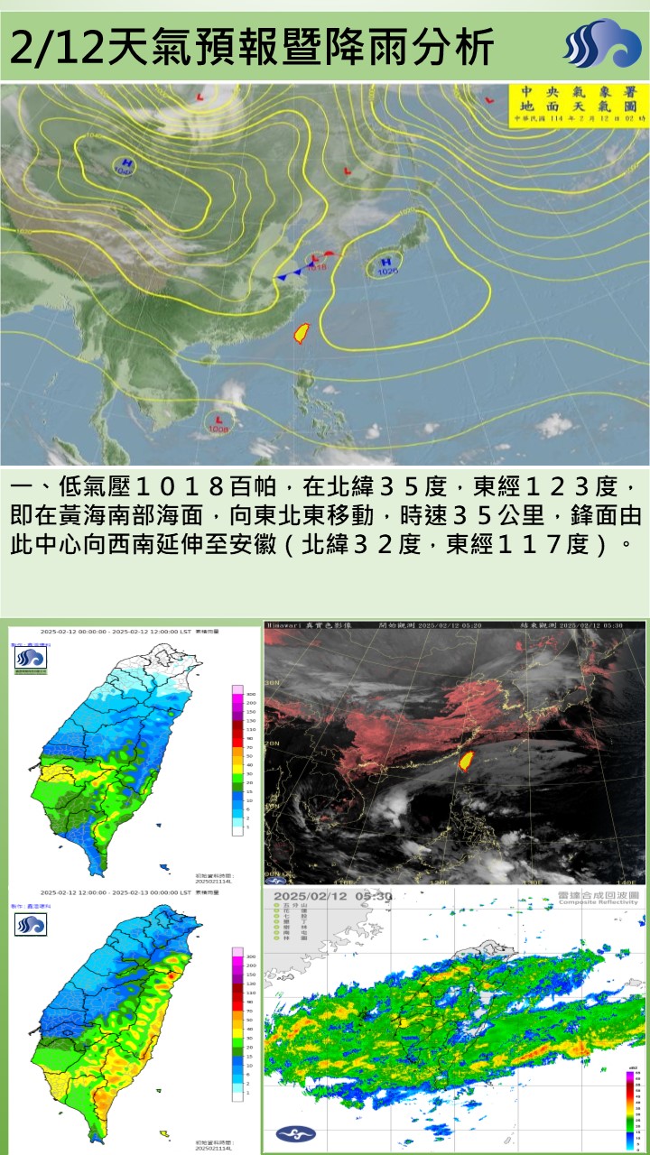 警示說明:今（12）日鋒面通過及南方雲系北移影響，天氣不穩定，轄區為陰天有短暫陣雨的天氣型態，入夜後雨勢轉趨明