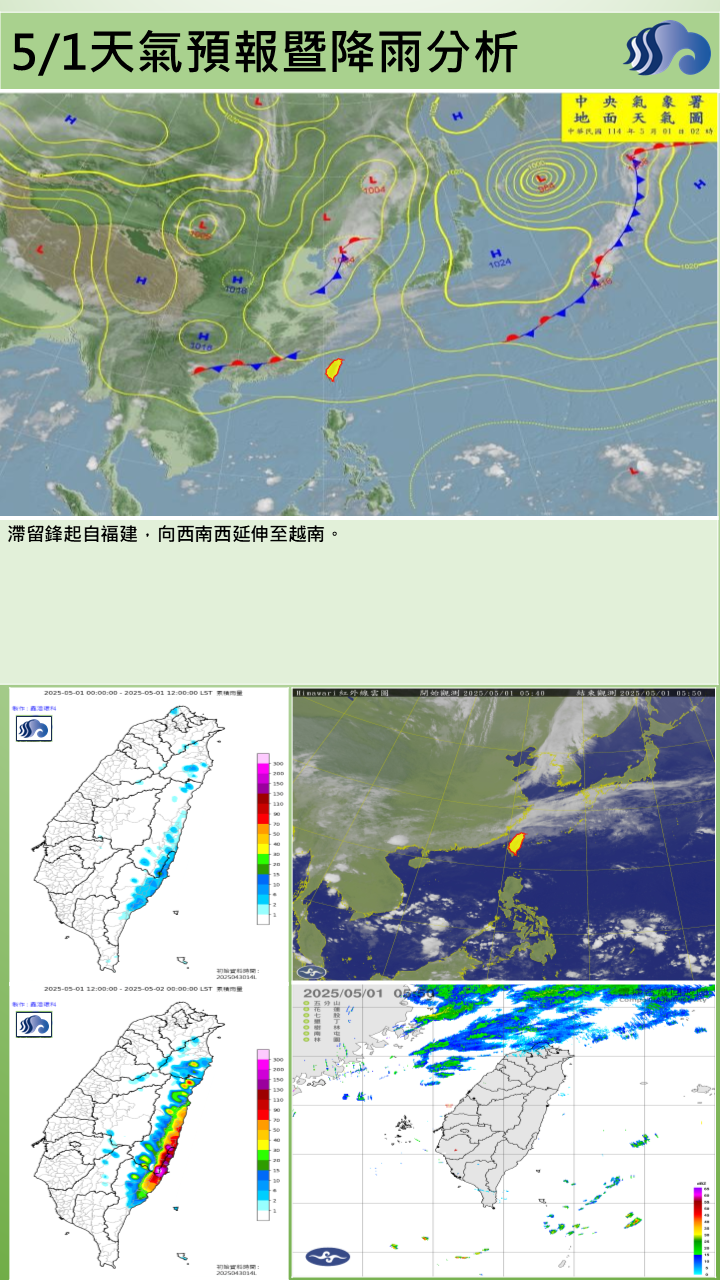 警示說明:鋒面通過臺灣北部海面，以多雲天氣為主