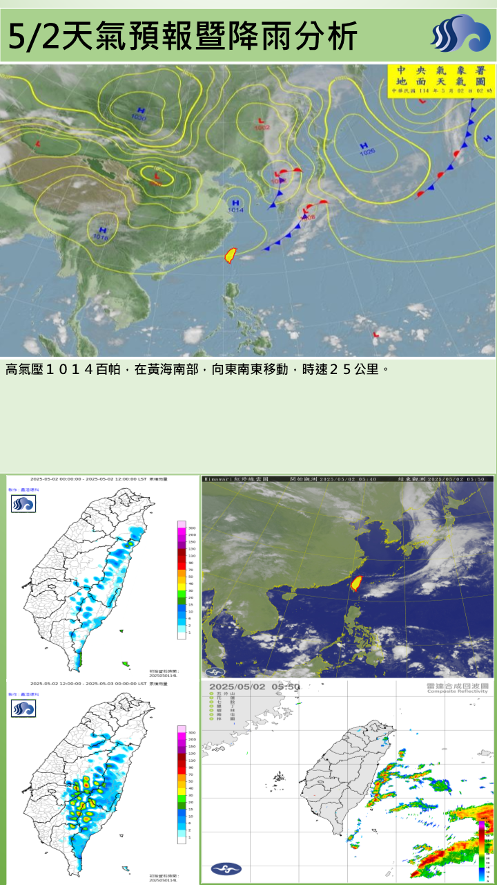 警示說明:受分裂高壓影響，為晴時多雲或多雲時晴，午後山區有局部短暫陣雨，低機率雷雨天氣