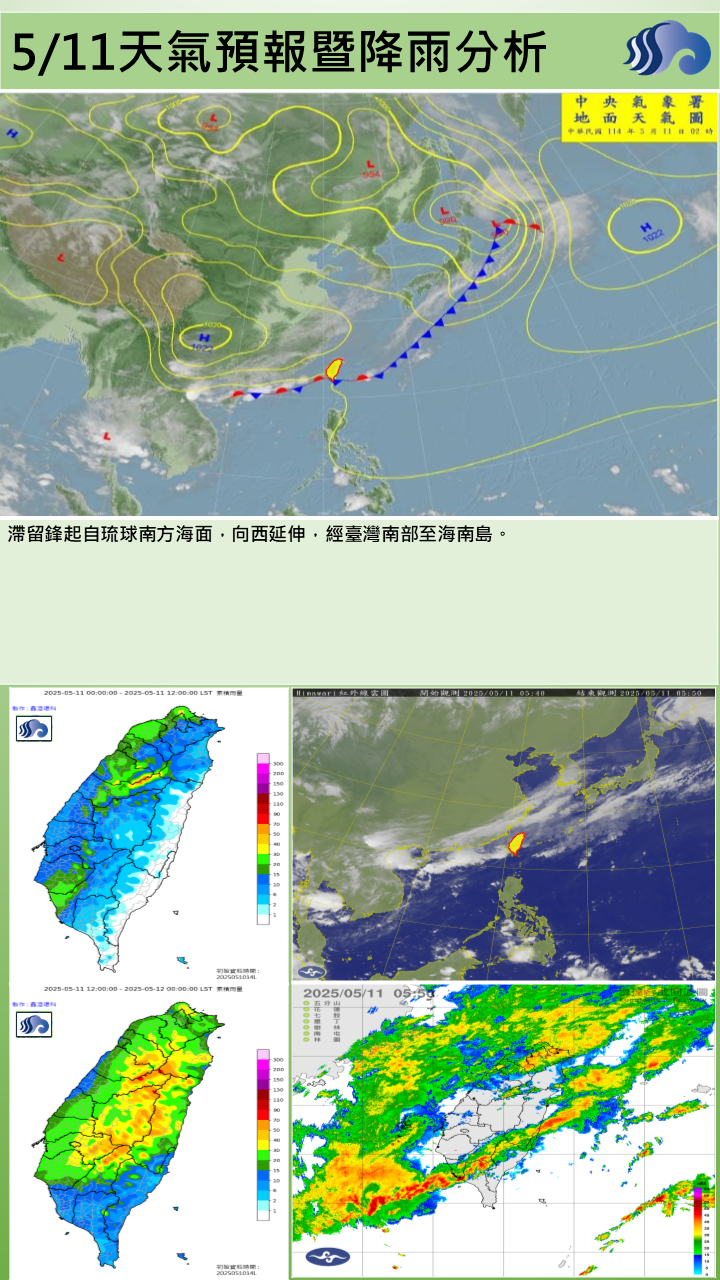 警示說明:鋒面通過，有陣雨或雷雨，並有短延時強降雨，及大雨局部豪雨發生機率
