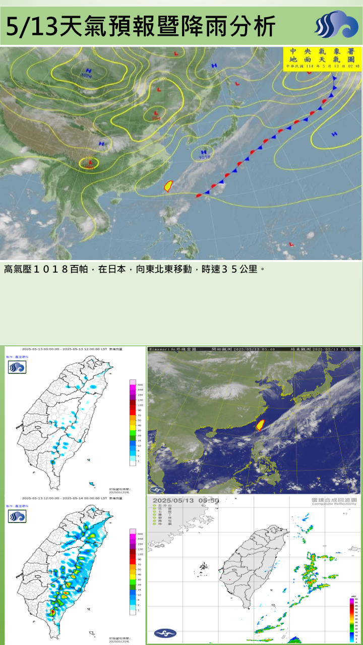 警示說明:受分裂高壓出海影響，為晴時多雲或多雲時晴，午後局部短暫雨或陣雨天氣。