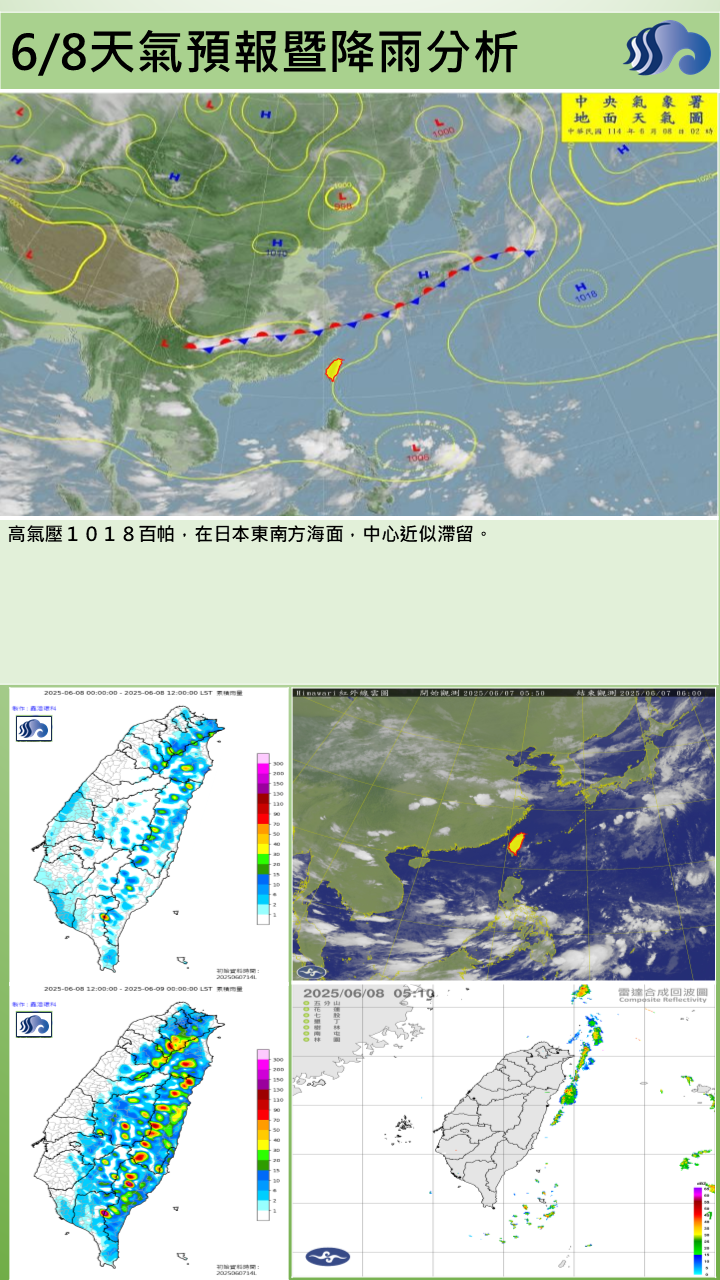 警示說明:受副熱帶高壓及偏南風影響，為多雲到晴，午後有局部陣雨或雷雨天氣