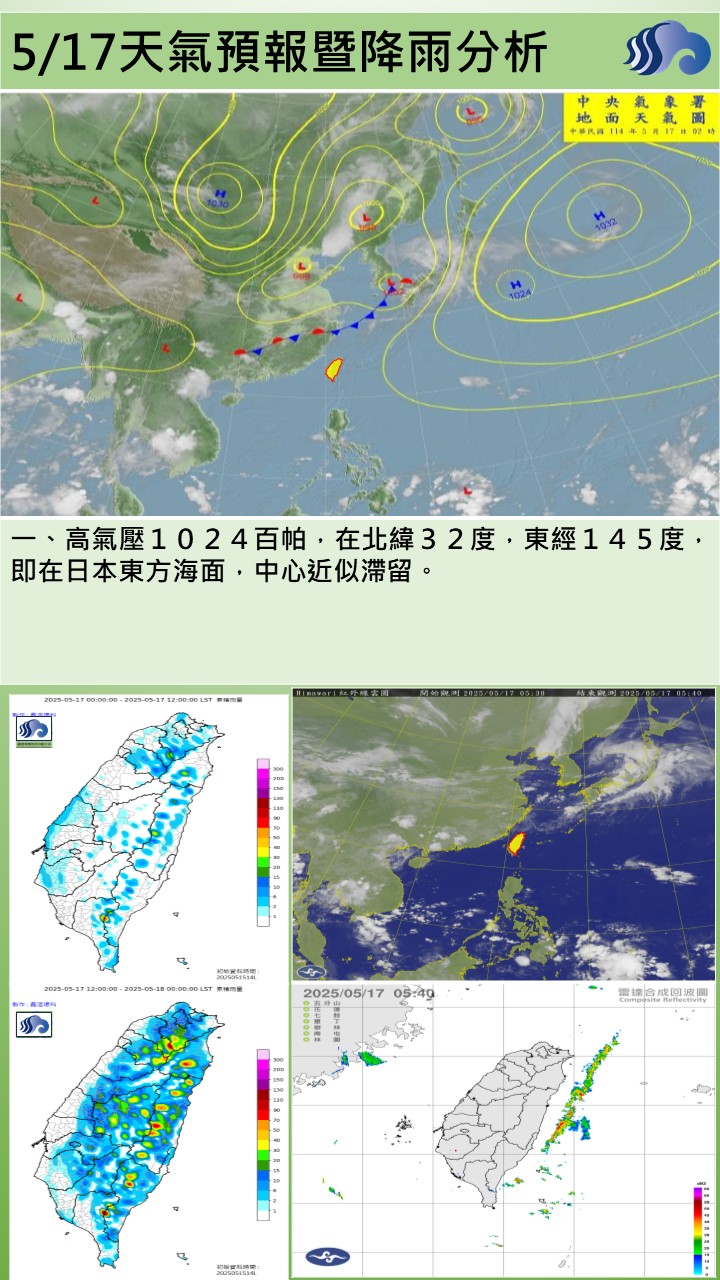 警示說明:今（17）日受偏南風影響，轄區大多為多雲到晴，恆春半島有零星短暫陣雨