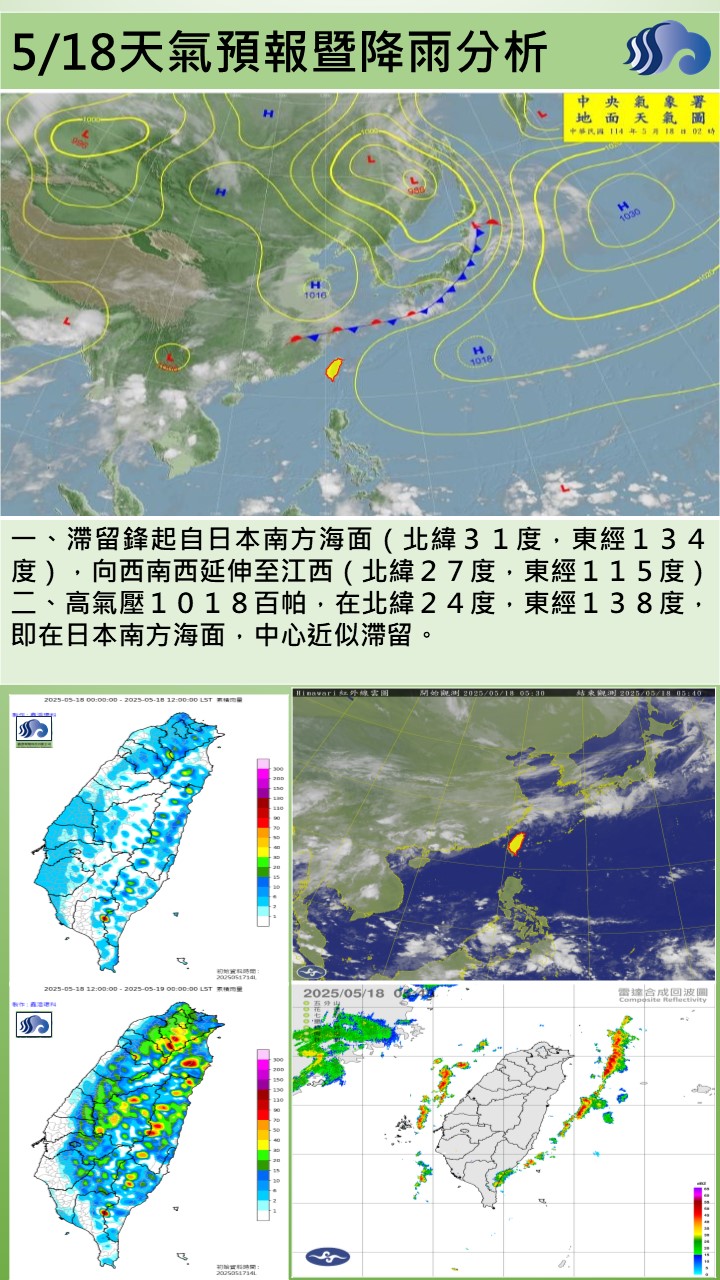 警示說明:今（18）日受鋒面位於臺灣北部海面及白天熱力作用影響