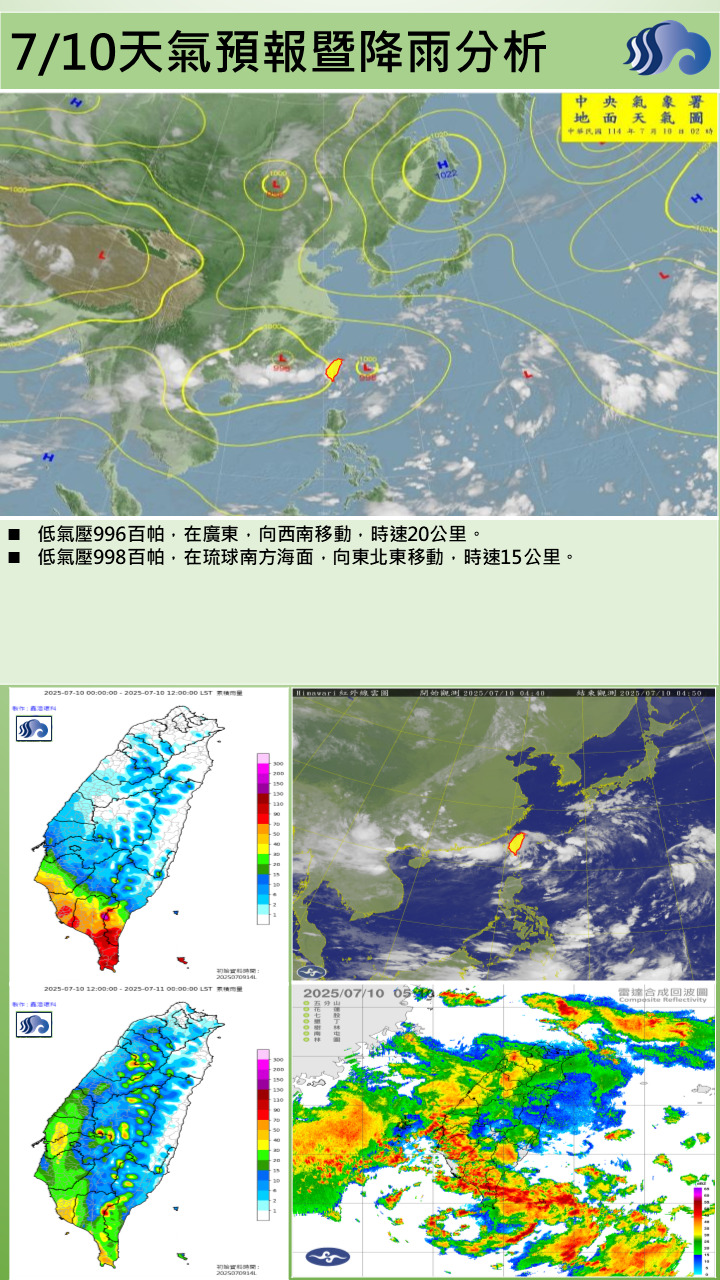 警示說明:低壓帶及西南風影響，有短延時強降雨，為陰有陣雨或雷雨天氣
