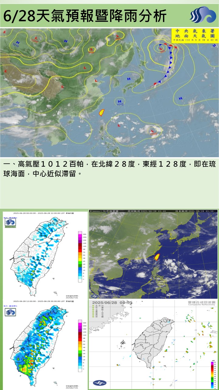 警示說明:今（28）日偏東風至東南風，轄區主要為多雲午後短暫陣雨或雷雨天氣