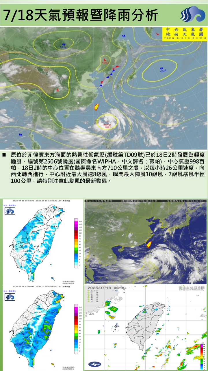 警示說明:颱風外圍環流影響，恆春半島有陣雨或雷雨，其他地區為多雲，午後有局部雷陣雨天氣