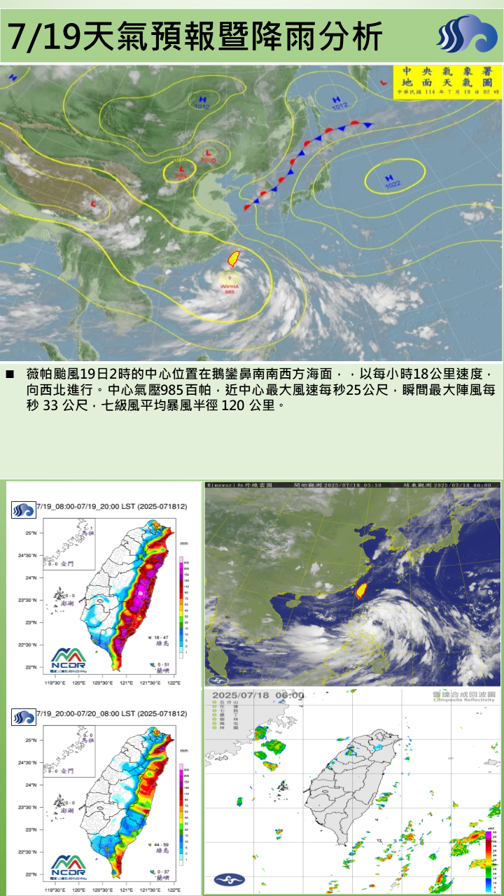 警示說明:颱風外圍環流影響，山區及恆春半島多雲時陰有雨間有陣雨或雷雨天氣，其他地區為多雲時陰陣雨