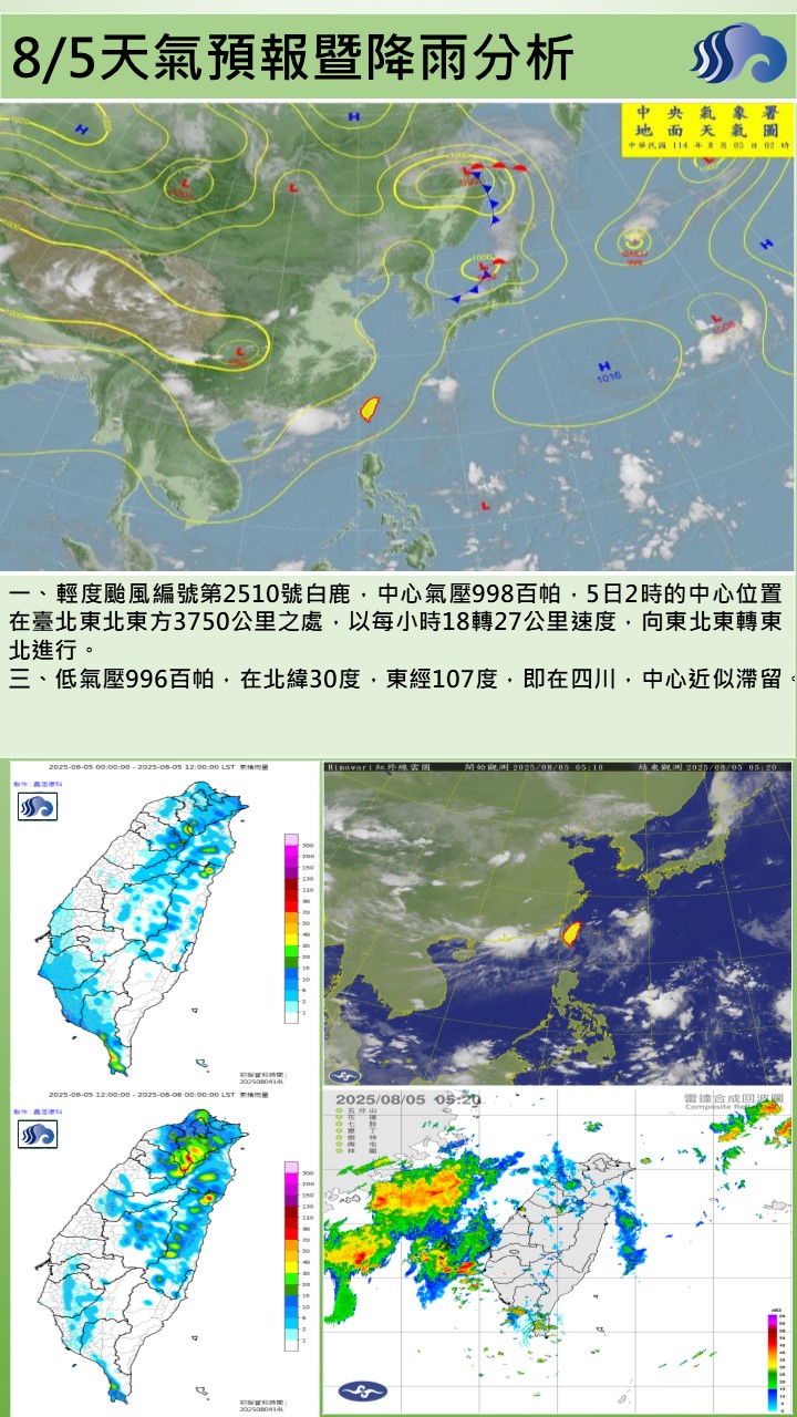 警示說明:今（5）日西南風逐漸減弱，但水氣仍多