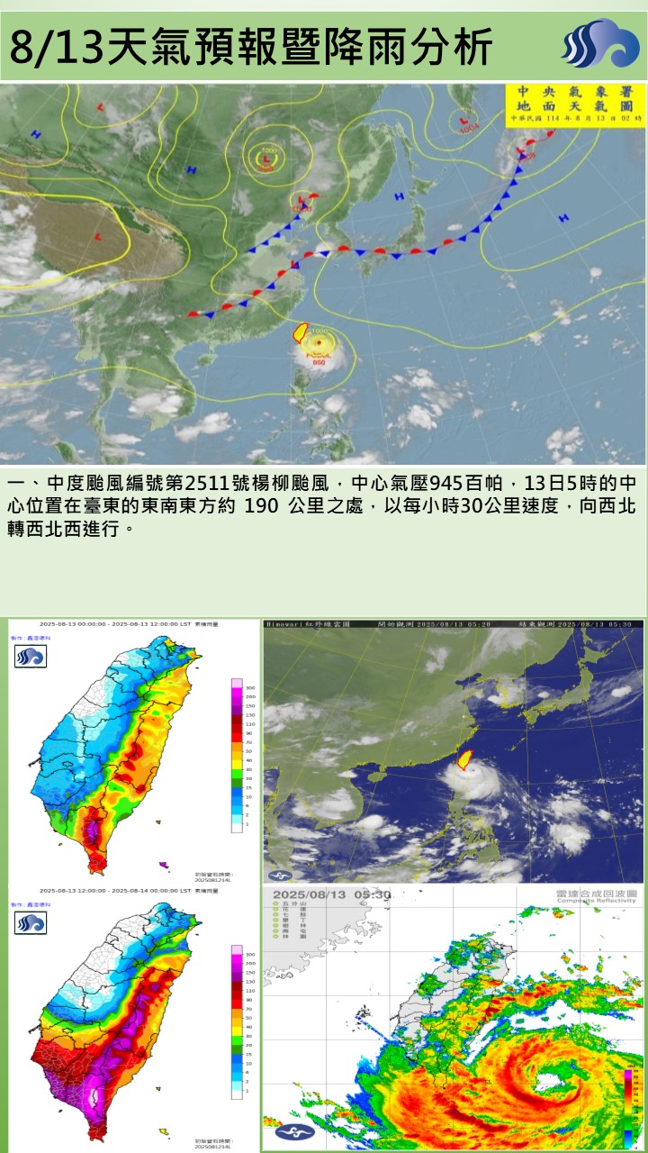 警示說明:今（13）日颱風及其外圍環流影響，轄區為陰陣雨或雷雨天氣