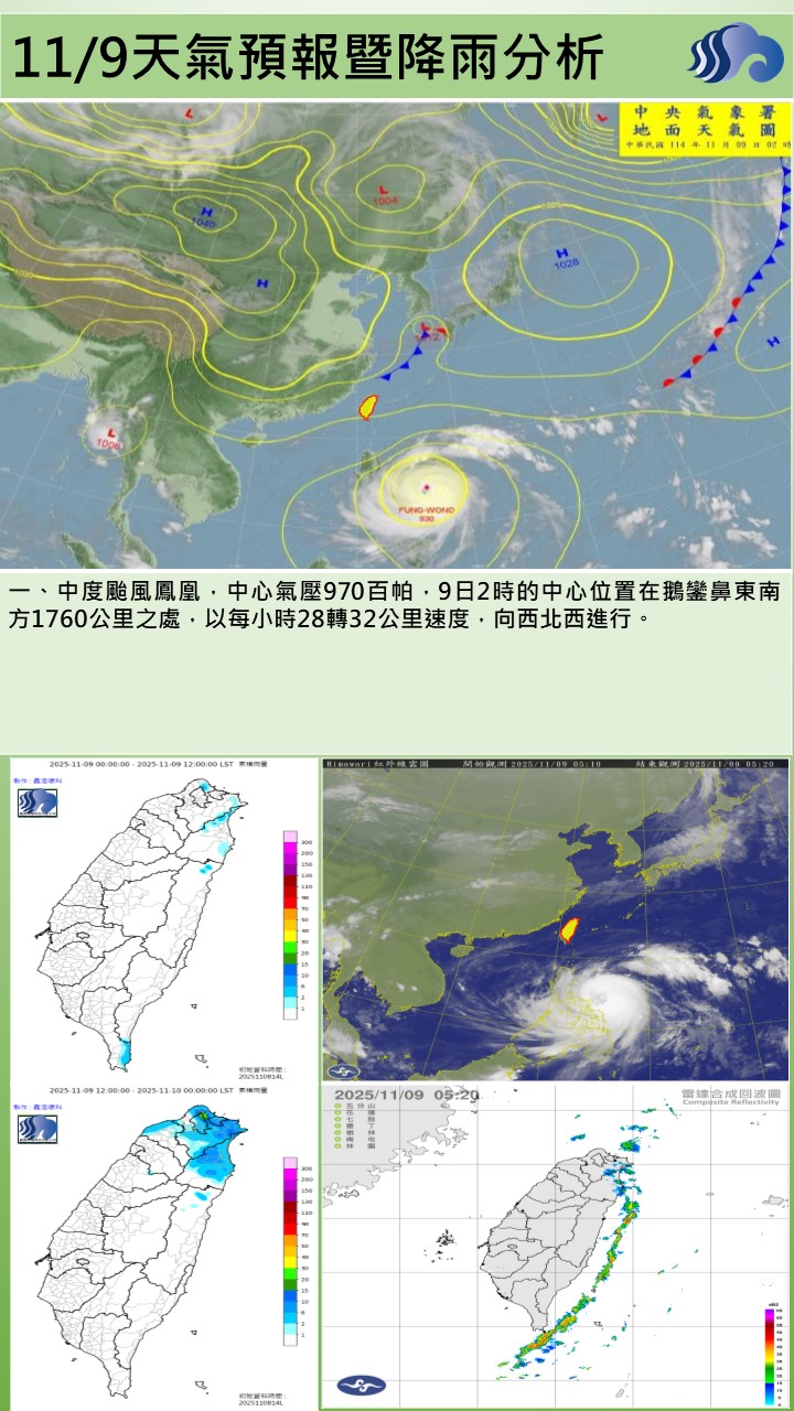 警示說明:今（9）日轄區主要為多雲的天氣，只有迎風面的恆春半島偶有零星短暫雨；西半部高溫可達30至32度，溫暖