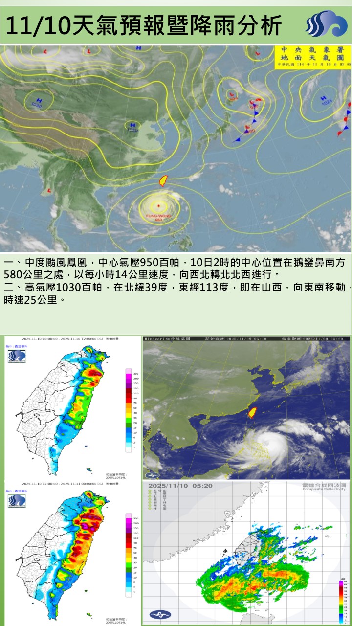 警示說明:今（10）日除受東北季風影響外，亦將受到颱風外圍環流帶來的水氣影響，整體天氣轉為不穩定，迎風面的恆春