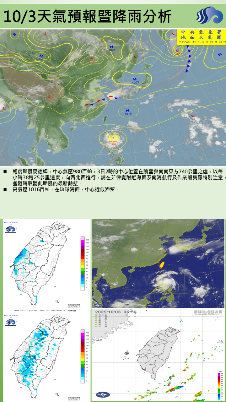 警示說明:颱風外圍雲系影響，恆春半島有多雲局部陣雨或雷雨，並有局部較大雨勢發生機率
