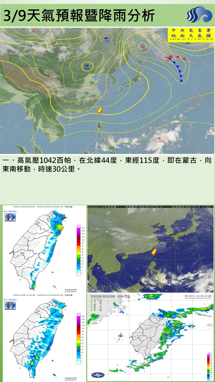 警示說明:今（9）日大陸冷氣團南下，除山區及恆春半島有短暫雨外，其他地區為晴時多雲的天氣，早晚低溫17至18度