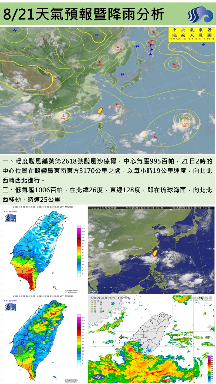 警示說明:今（21）日持續受到低壓帶及偏強西南風影響，環境水氣充足，大致為陰有陣雨或雷雨天氣，降雨呈現間歇性，