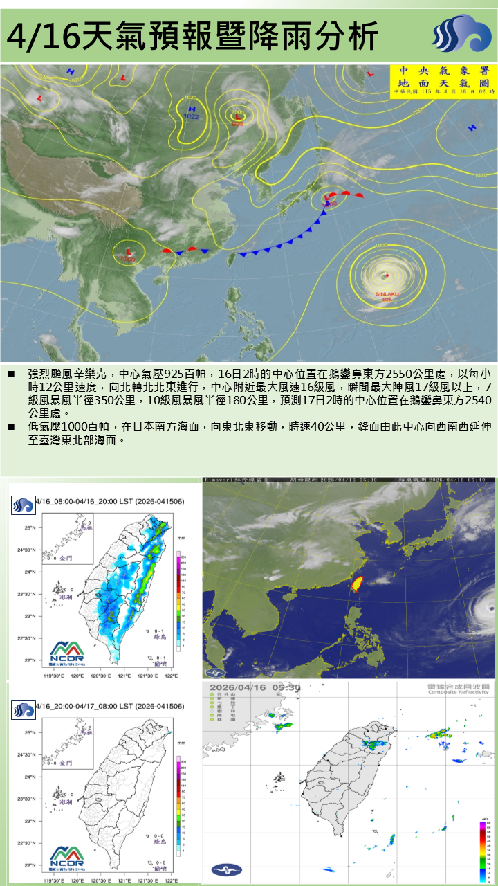 警示說明:鋒面位於本島東北部外海，水氣增多