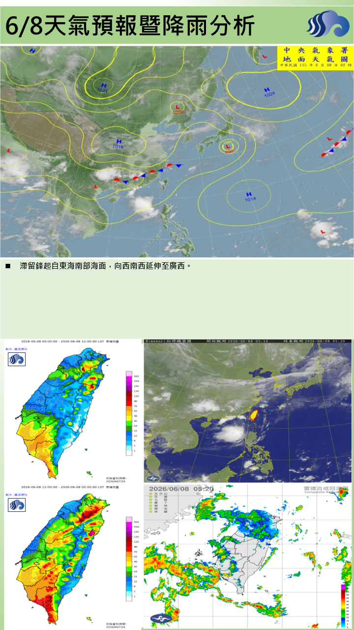 警示說明:鋒面接近及西南風增強，為多雲時陰有陣雨或雷雨天氣