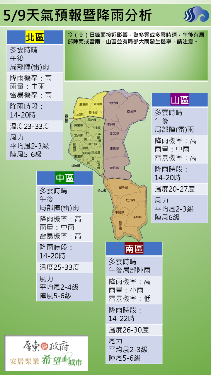 警示說明:山區有局部大雨發生機率，請注意