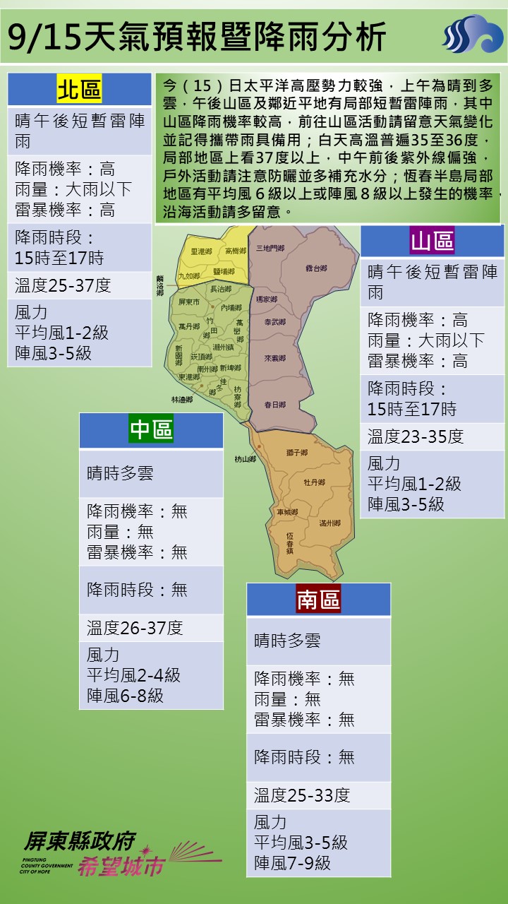 警示說明:午後山區及鄰近平地有局部短暫雷陣雨，其中山區降雨機率