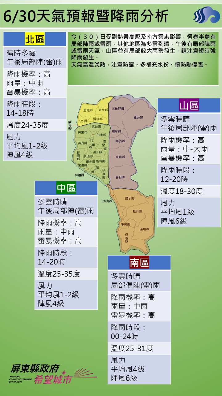 警示說明:其他地區為多雲到晴，午後有局部陣雨或雷雨天氣，山區並有局部較大雨勢發生