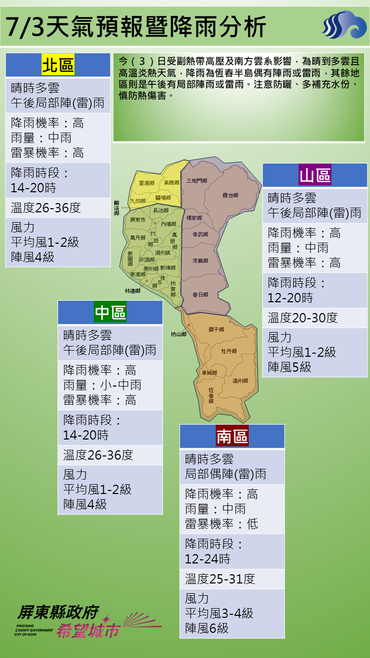 警示說明:降雨為恆春半島偶有陣雨或雷雨，其餘地區則是午後有局部陣雨或雷雨