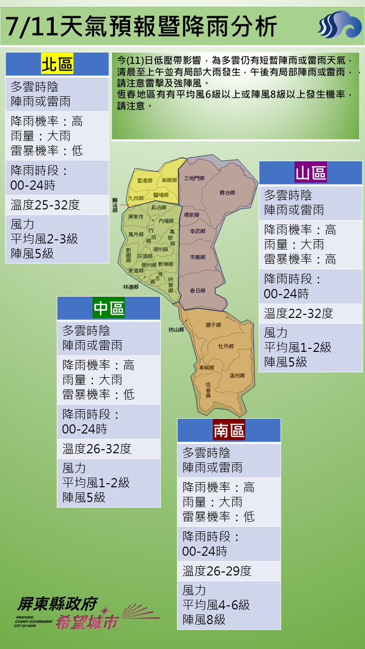 警示說明:清晨至上午並有局部大雨發生，午後有局部陣雨或雷雨，，請注意雷擊及強陣風。