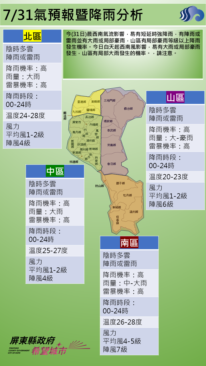 警示說明:今日白天起西南風影響，易有大雨或局部豪雨發生，山區有局部大雨發生的機率。，請注意。