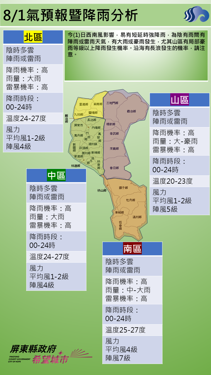警示說明:陰有雨間有陣雨或雷雨天氣，有大雨或豪雨發生，尤其山區有局部豪雨等級以上降雨發生機率