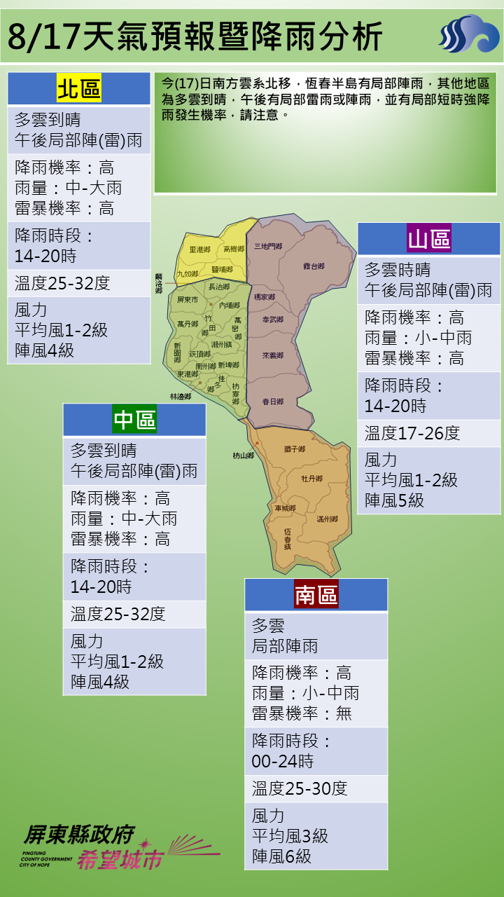警示說明:有局部短時強降雨發生機率，請注意。