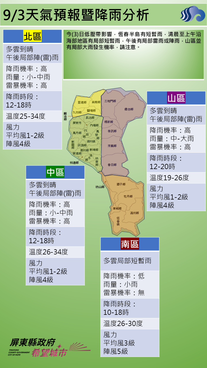 警示說明:山區有局部大雨發生機率