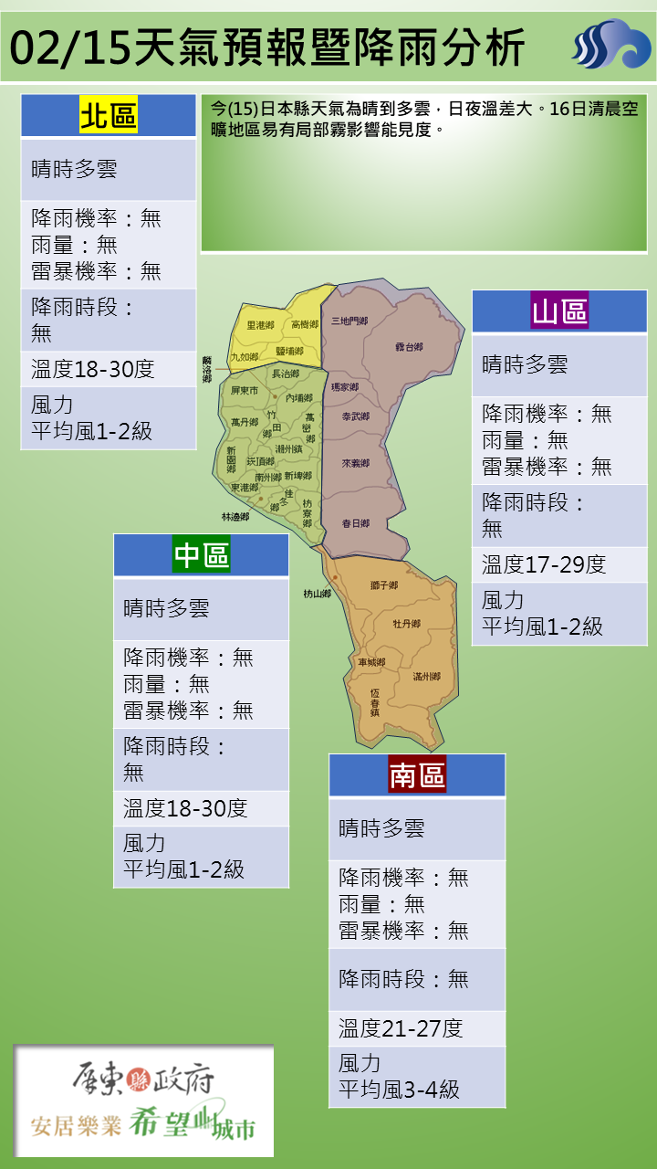 警示說明:16日清晨空曠地區易有局部霧影響能見度。