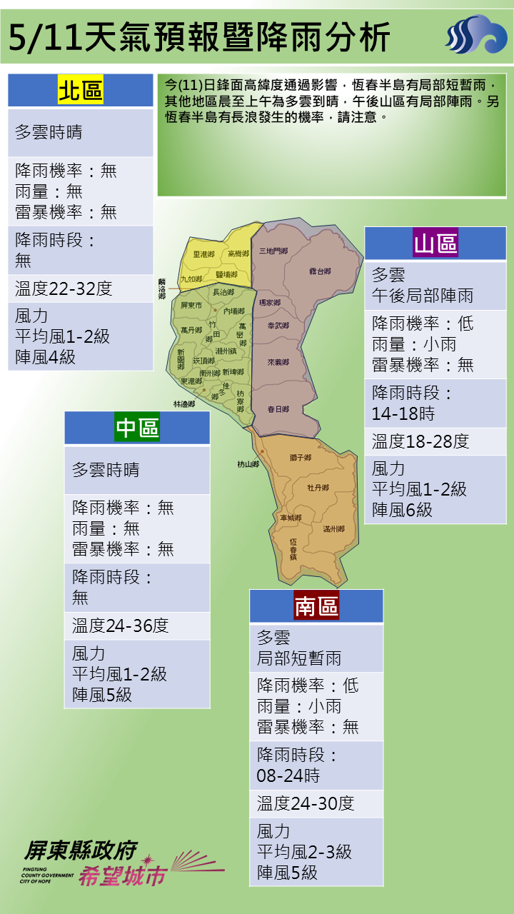 警示說明:恆春半島有局部短暫雨，其他地區晨至上午為多雲到晴，午後山區有局部陣雨
