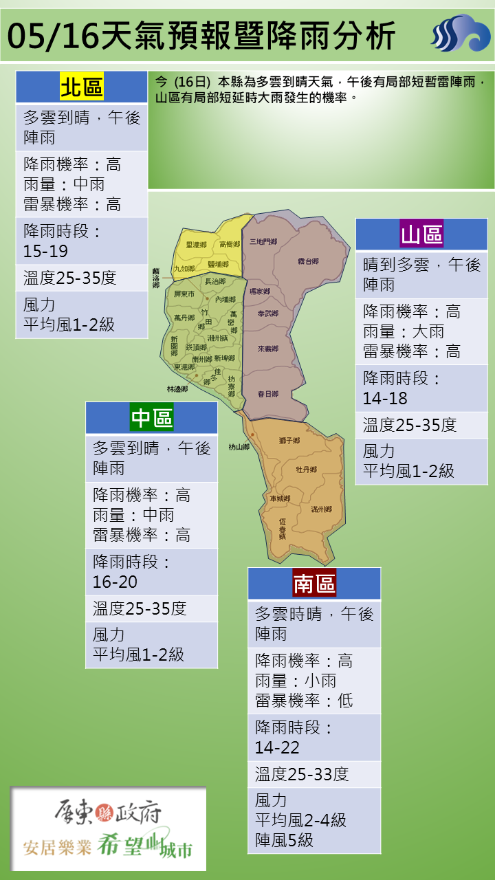 警示說明:山區有局部短延時大雨發生的機率。