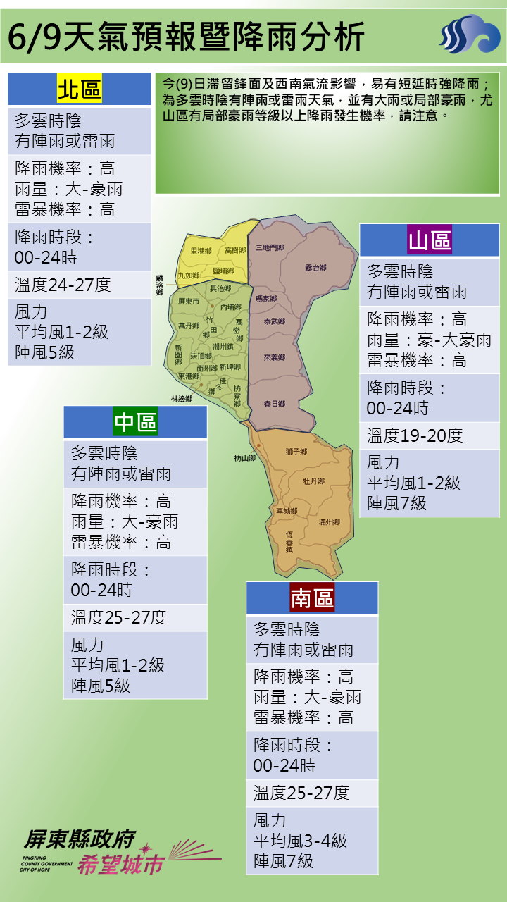 警示說明:多雲時陰有陣雨或雷雨天氣，並有大雨或局部豪雨，尤山區有局部豪雨等級以上降雨發生機率