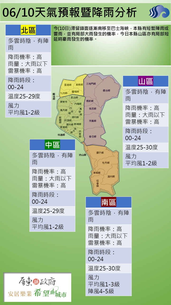 警示說明:今日本縣山區亦有局部短延時豪雨發生的機率。
