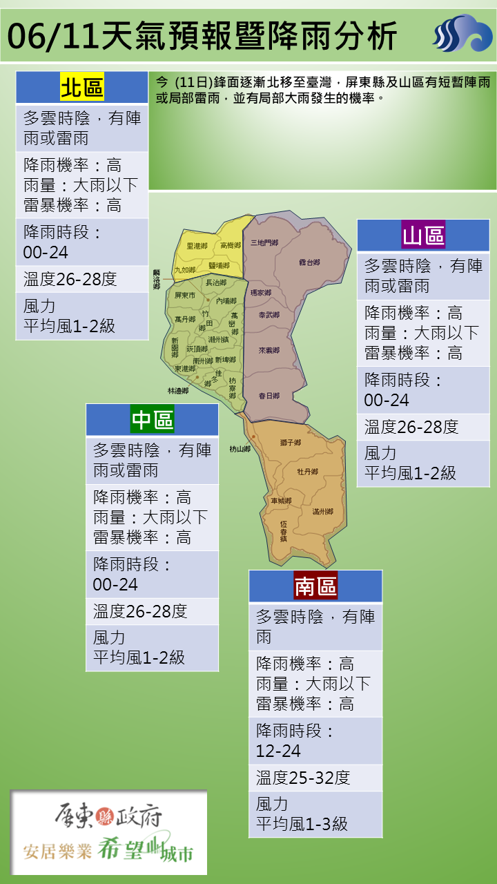 警示說明:今 (11日)鋒面逐漸北移至臺灣