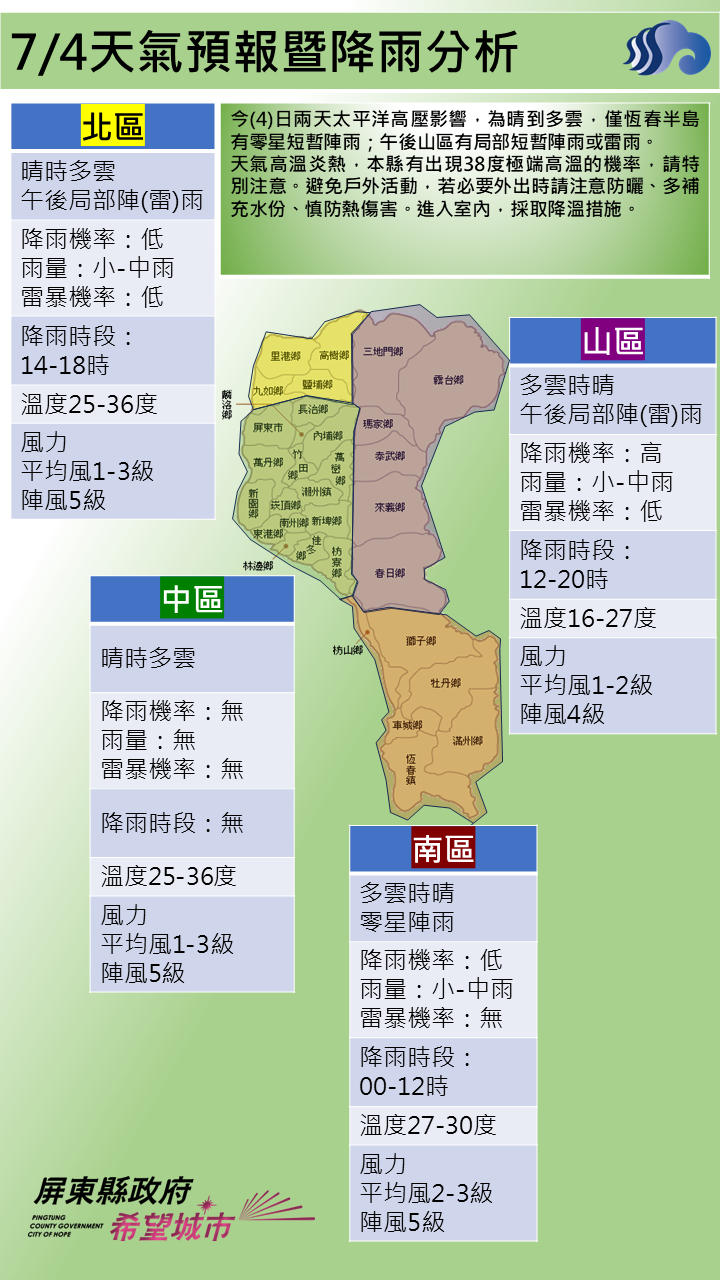 警示說明:恆春半島有零星短暫陣雨；午後山區有局部短暫陣雨或雷雨。
