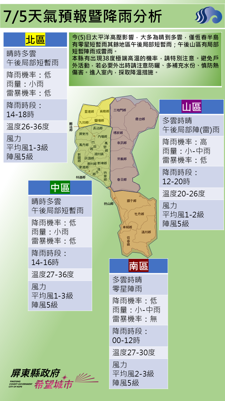 警示說明:恆春半島有零星短暫雨其餘地區午後局部短暫雨；午後山區有局部短暫陣雨或雷雨