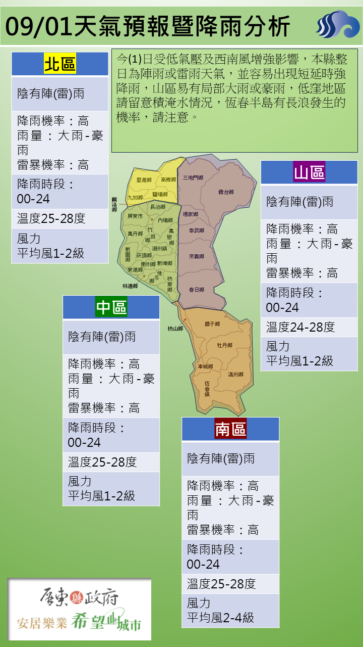 警示說明:並容易出現短延時強降雨，山區易有局部大雨或豪雨
