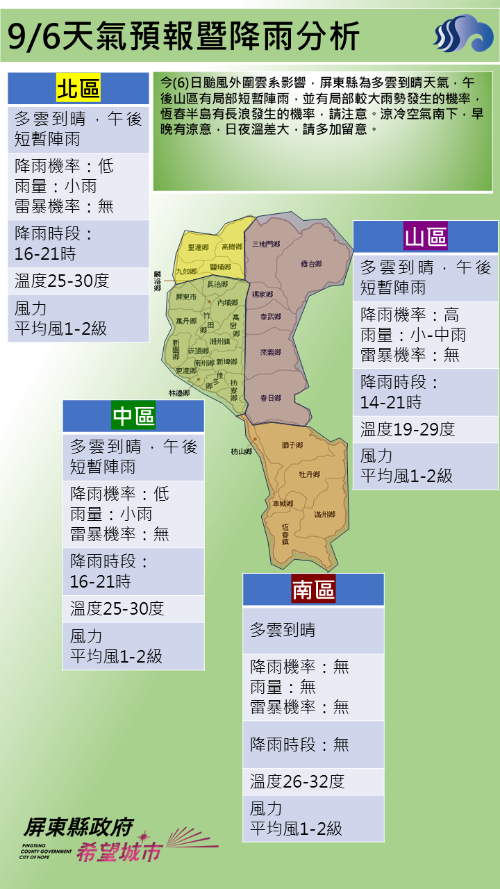 警示說明:午後山區有局部短暫陣雨，並有局部較大雨勢發生的機率