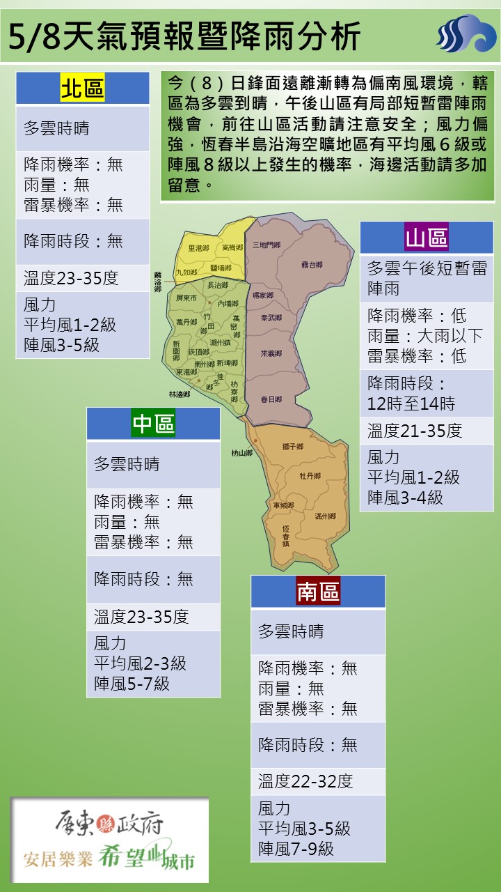 警示說明:午後山區有局部短暫雷陣雨機會，前往山區活動請注意